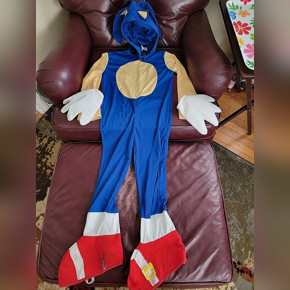 Sonic the Hedgehog costume. Full body suit, hood/cap, shoe covers, gloves.